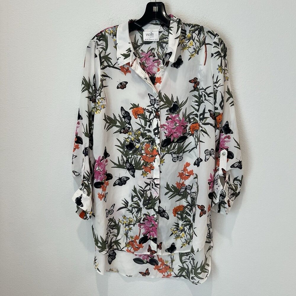 Wallis Floral blouse Top white Petites US 12 Long Sleeve Butterflies Summer Chic